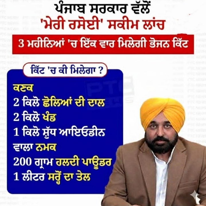 ਪੰਜਾਬ ਸਰਕਾਰ ਵੱਲੋਂ ‘ਮੇਰੀ ਰਸੋਈ ਸਕੀਮ’ ਦਾ ਐਲਾਨ, 40 ਲੱਖ ਪਰਿਵਾਰਾਂ ਨੂੰ ਮਿਲੇਗਾ ਮੁਫ਼ਤ ਰਾਸ਼ਨ